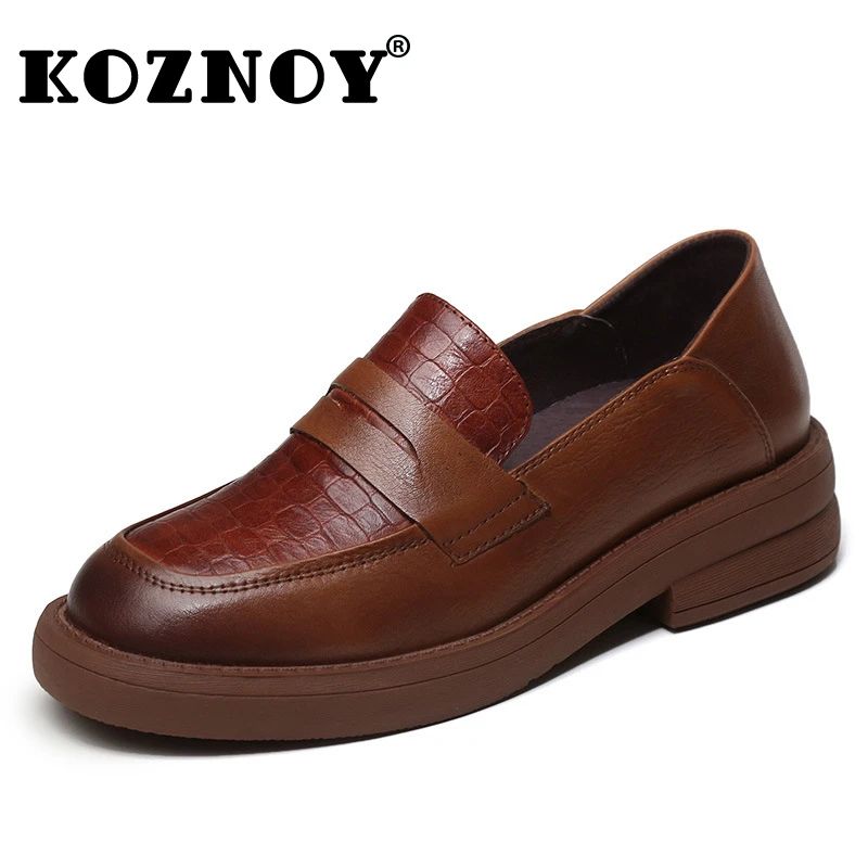 

Koznoy 4cm New2022 Retro Ethnic Embossed Plaid Pattern Full Cow Genuine Leather Autumn Ladies Concise Slip on Mixed Colors Shoes