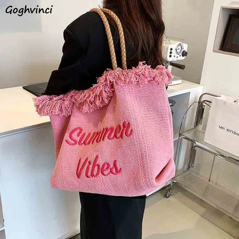 

Letter Shopping Bag Designer Tassel Chic Shoulder Underarm Large Capacity Canvas Bag All-match Shopper Daily Woven Pouch Retro