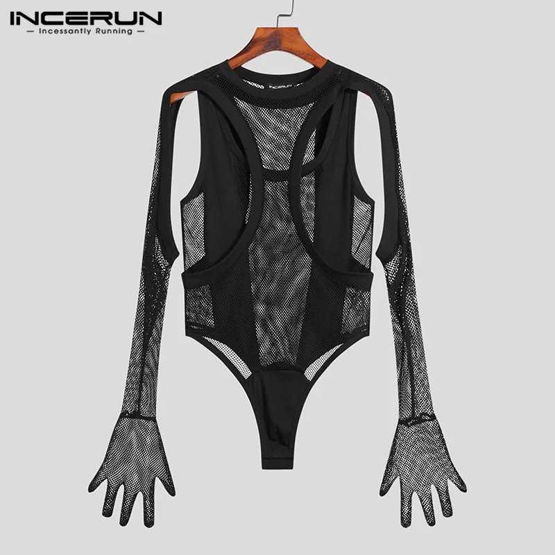 Fashion Homewear Rompers INCERUN Men's Breathable Mesh Knitted Hollow Design Jumpsuit Male Long Sleeve Triangle Bodysuits S-5XL