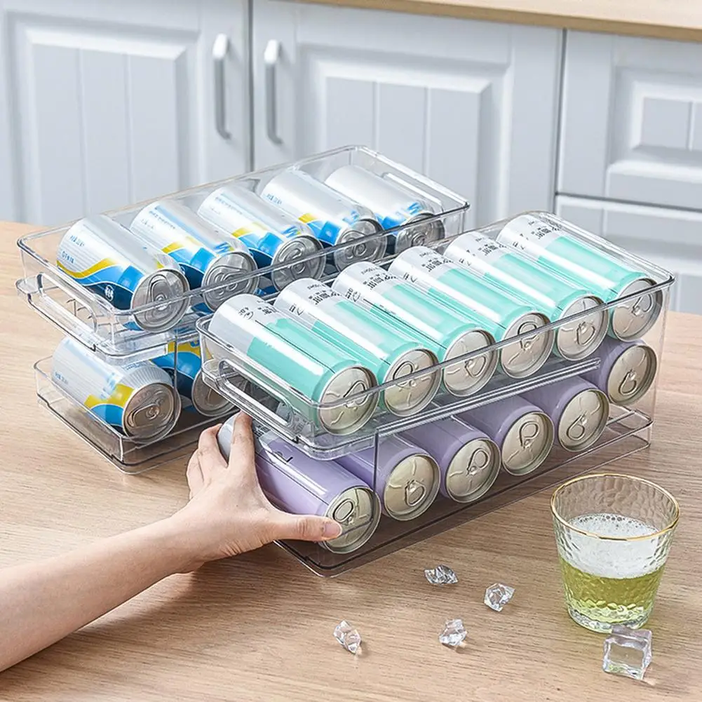 

2-Tier Rolling Transparent Refrigerator Organizer Bins Soda Can Beverage Bottle Holder for Fridge Kitchen Storage Rack Container