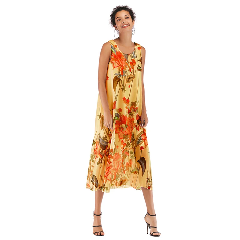 

Women Floral Printing Round Neck Suspender Dress Leisure Loose Sleeveless Dresses Sexy Sleeveless Maxi Sundress Femme Vestidos