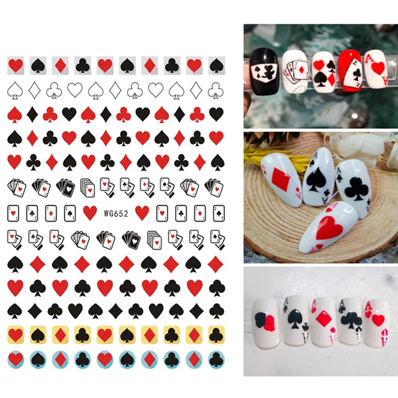 3D Poker Design Nail Art Stickers Playing Cards Nail Adhesive Decorations Spades Red Hearts Nail Decals Cute Nail Designs