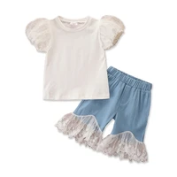 clothes for kids summer ins style girls fashion suit puff sleeve top lace trim jeans two piece set kids clothing wholesale