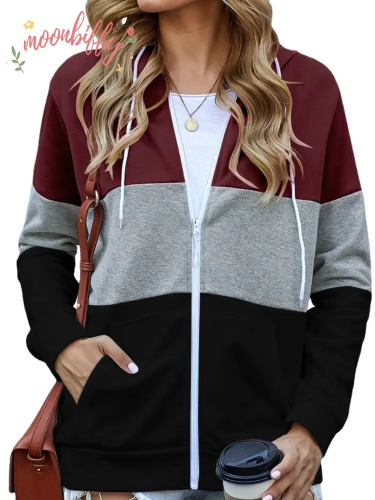 

Spring Autumn Women Long Sleeve Solid Hoodie Zipper Pocket Cardigan Sweatshirt Tops Casual Loose Stripe Contrast Color Outerwear