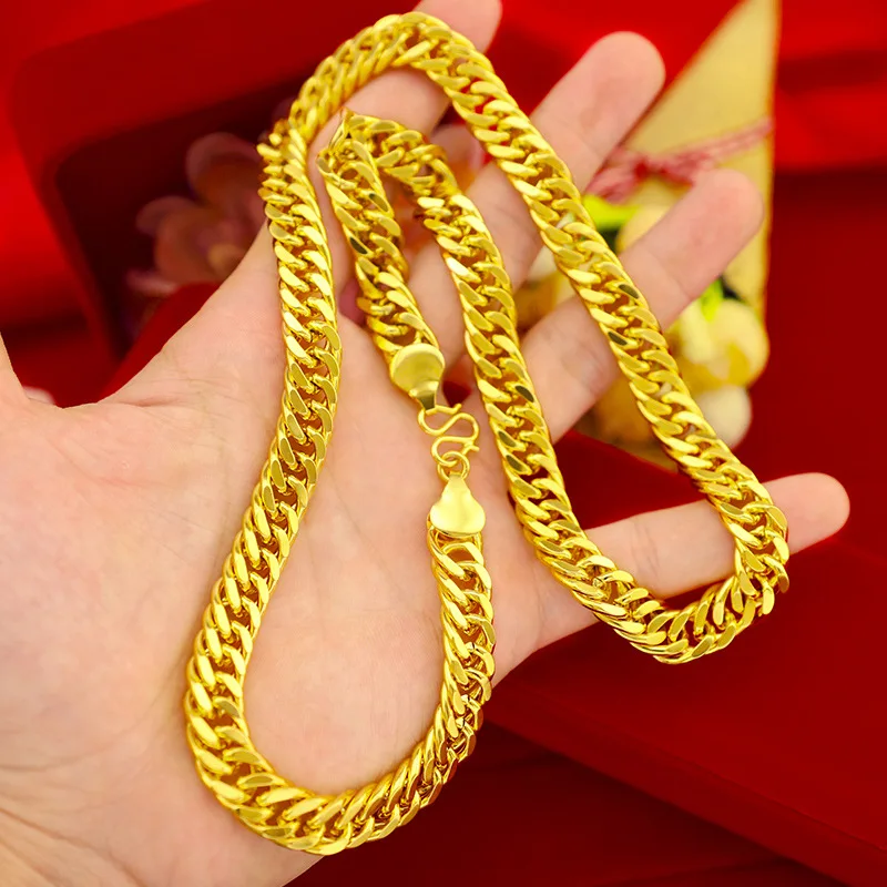 

SAIYE LUXURY 24K GOLD NECKLACE JEWELRY FOR MEN 10MM FLAT CHAIN LASTING COLORFAST WEDDING ENGAGEMENT JEWELRY CHRISTMAS GIFTS MALE