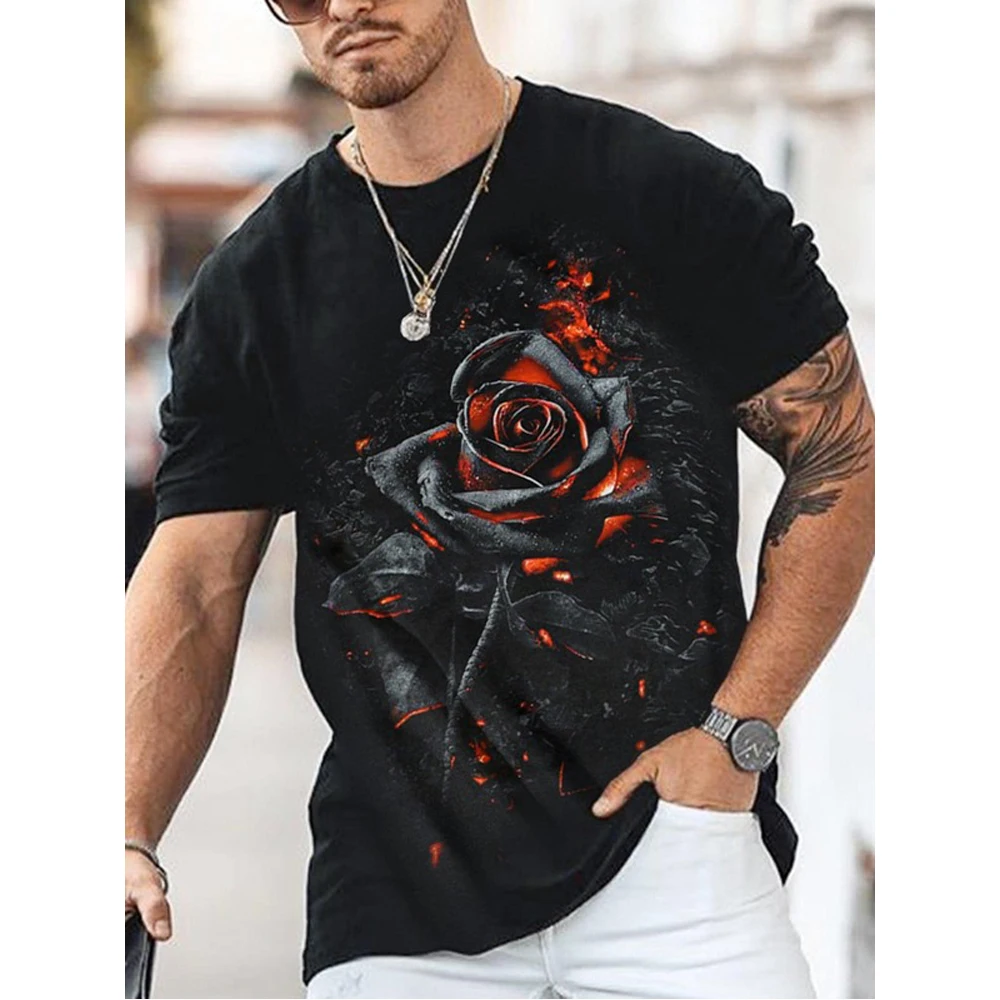 

Simple T-Shirts For Men 3d Rose Printed Male Clothing Summer Casual Short Sleeves Daily Street Tops Tees Loose Oversized Tshirts
