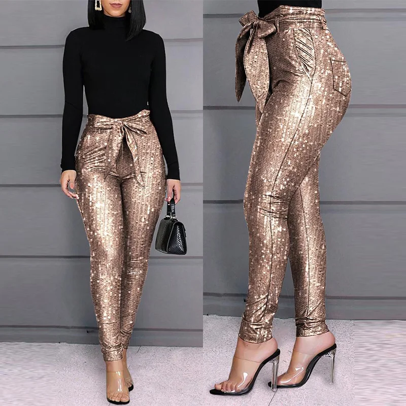 Sequined Belt Leggings Women's Lace Trousers with High Waist Pockets Design Club Clothing Champagne Elastic Pencil Pants