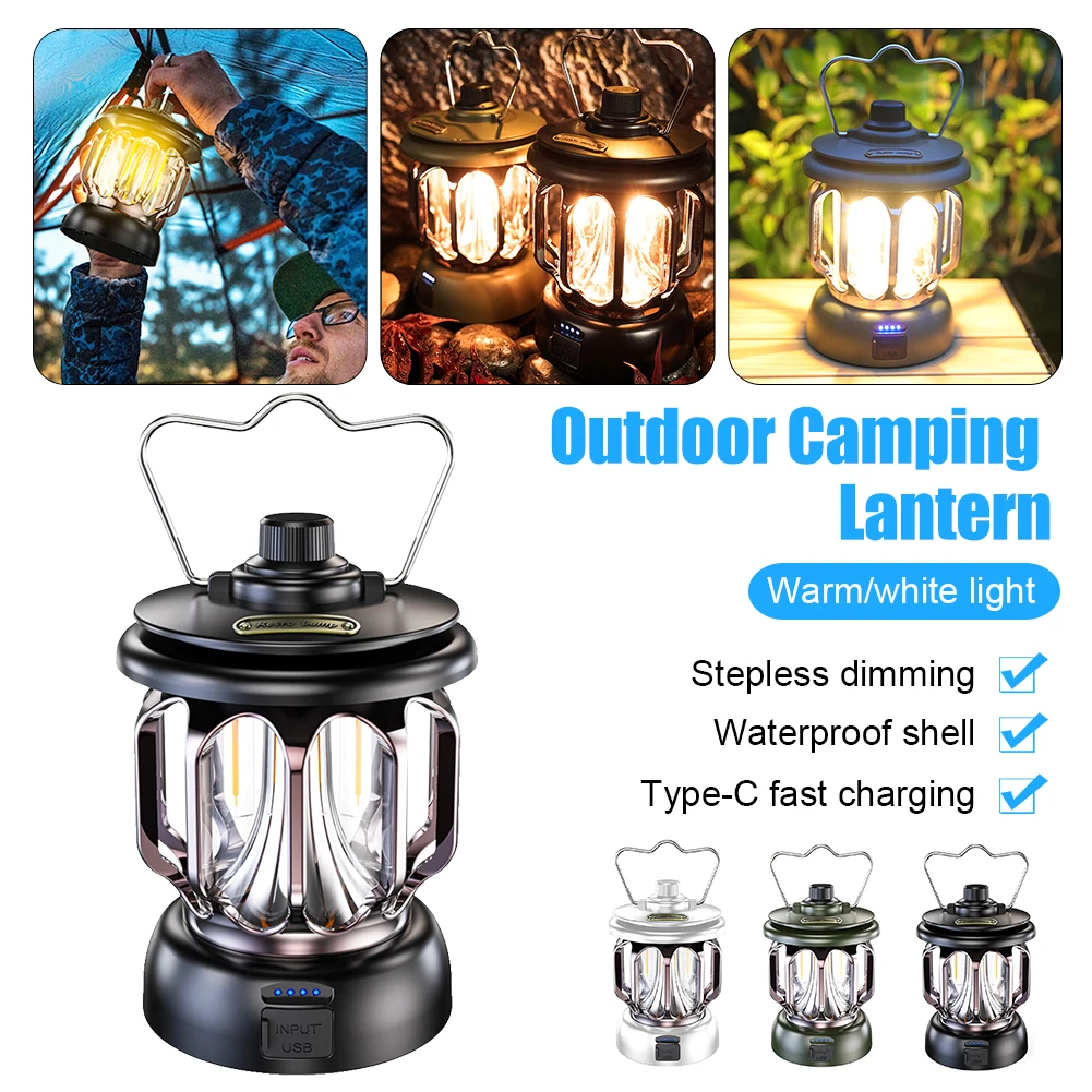 Retro Portable LED Camping Lantern Rechargeable Mini Hanging Light Vintage Camp Lamp 3 Lighting Modes Dimmable Outdoor Tent Lamp enlarge