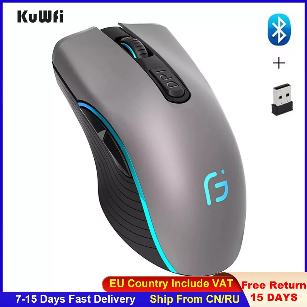 

KuWFi Computer Mouse Bluetooth 4.0+2.4Ghz Mouse Wireless Dual Mode 2 In 1 2400DPI Ergonomic Portable Optical Mice for PC/Laptop