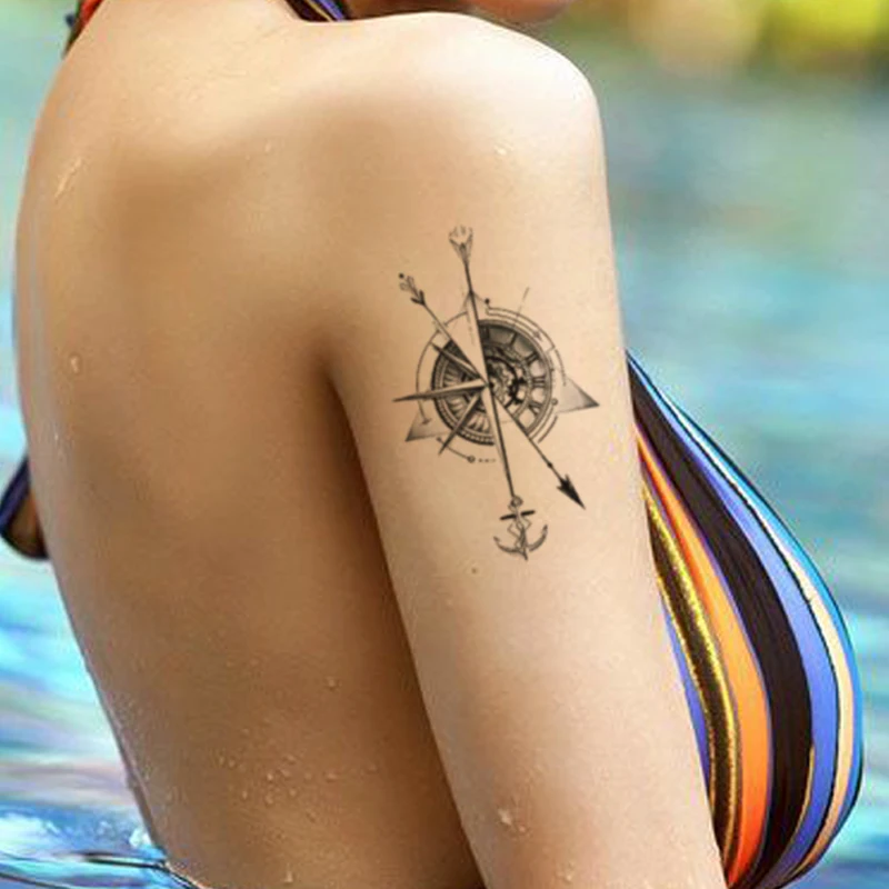 Compass Arrows Gear Waterproof Temporary Tattoo Sticker Black Lines Design Fake Tattoos Flash Tatoos Arm Body Art for Women Men