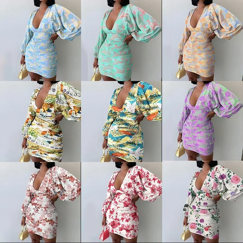 

Women V-neck Y2k Dress 2022 Autumn New Pop Bubble Sleeve Bodycon Dress Temperament Slim Print Hip Dress Vestidos