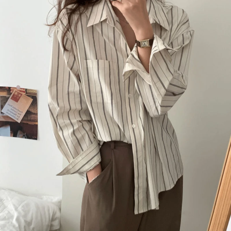 

Женская рубашка, Весенняя свободная хлопковая винтажная одежда, Женский Топ, Женские многослойные вертикальные полосы, модные женские блуз...