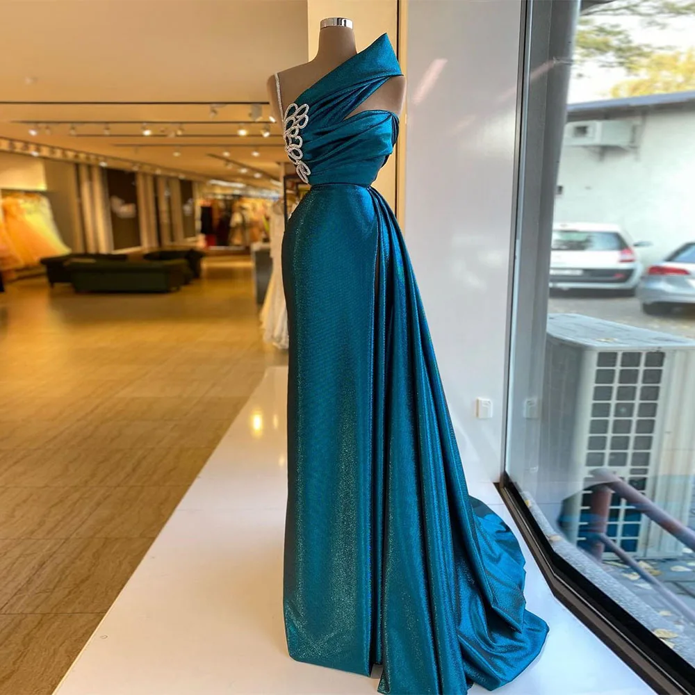 

Sparkly Prom Dress Long Asymmetrical Sleeveless Blue Prom Gown 2022 Pleat Draped A Line Elegant Formal Party Dresses for Wedding
