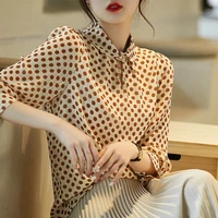 2022 new fashion and colorfast retro flair polka dot print small lapel long sleeved shirt top womens spring sexy blouse