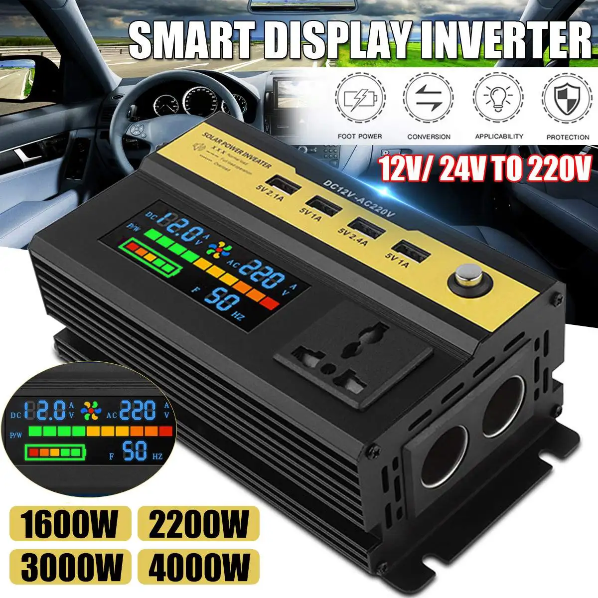 

1200W/1600W/2200W inverter Modified Sine Wave LCD display DC 12V 24V to AC 220V USB car Transformer Convert Charging Converter
