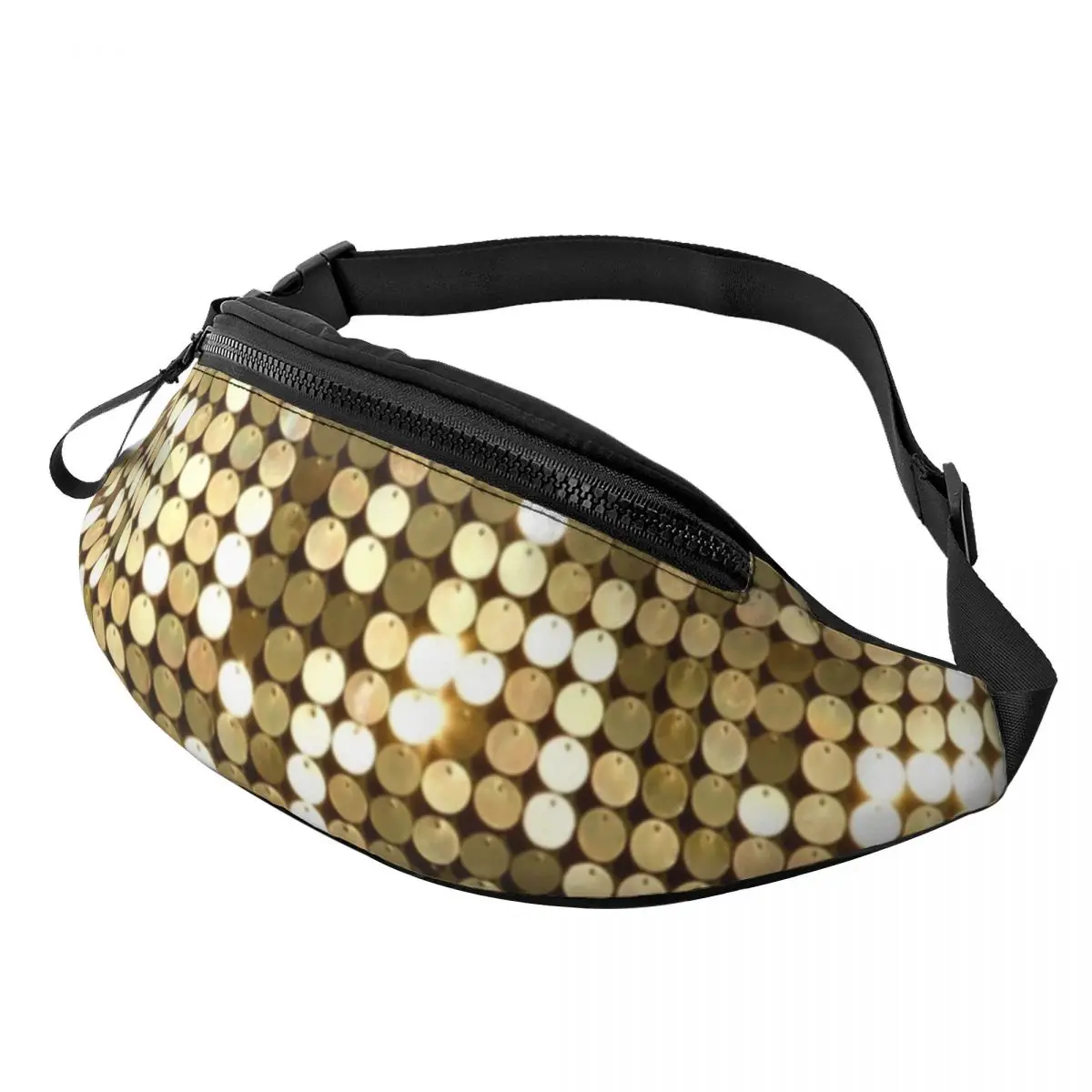 

Golden Disco Ball Waist Bag Metallic Glitter Sparkles Travel Teenagers Waist Pack Polyester Picture Bag