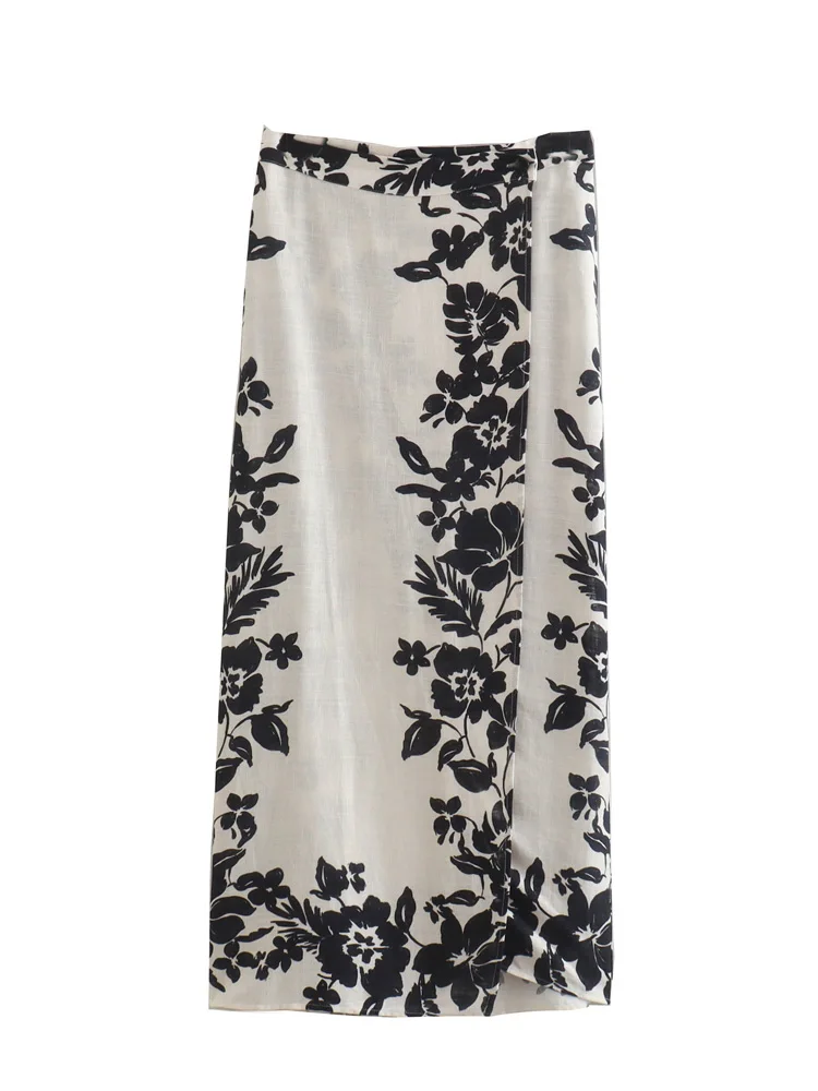

Юбка-миди женская льняная с цветочным принтом и разрезом спереди