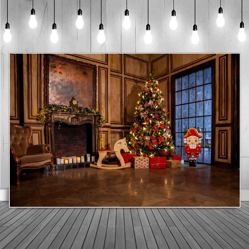 

Retro Living Room Ornamented Christmas Fireplace Tree Photography Backdrops Brown Board Hobbyhorse Window Boxes Photo Background