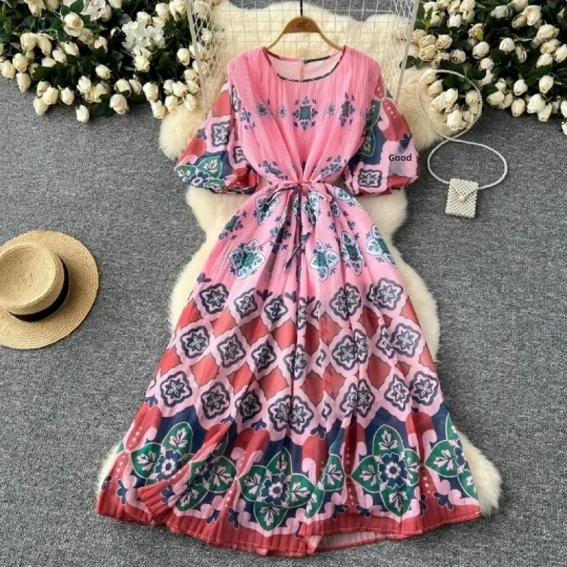 Модный европейский и американский стиль рукав-фонарик круглый вырез принт