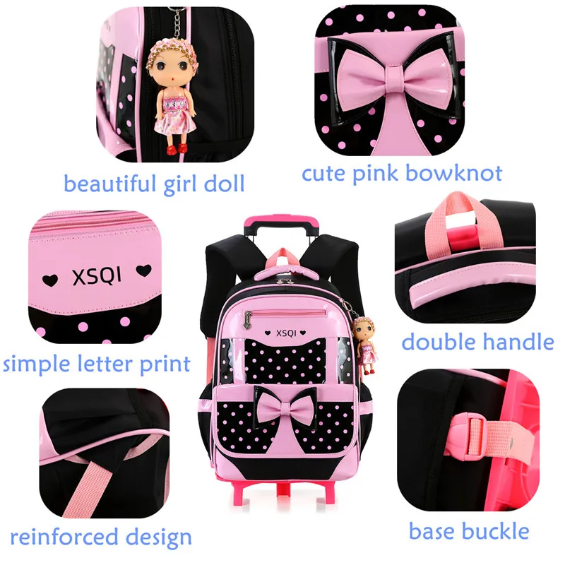Girls Rolling Backpacks Children School Bags with 6 Wheels Waterproof Trolley Backpack Kids Wheeled Bags for Girls Bookbag