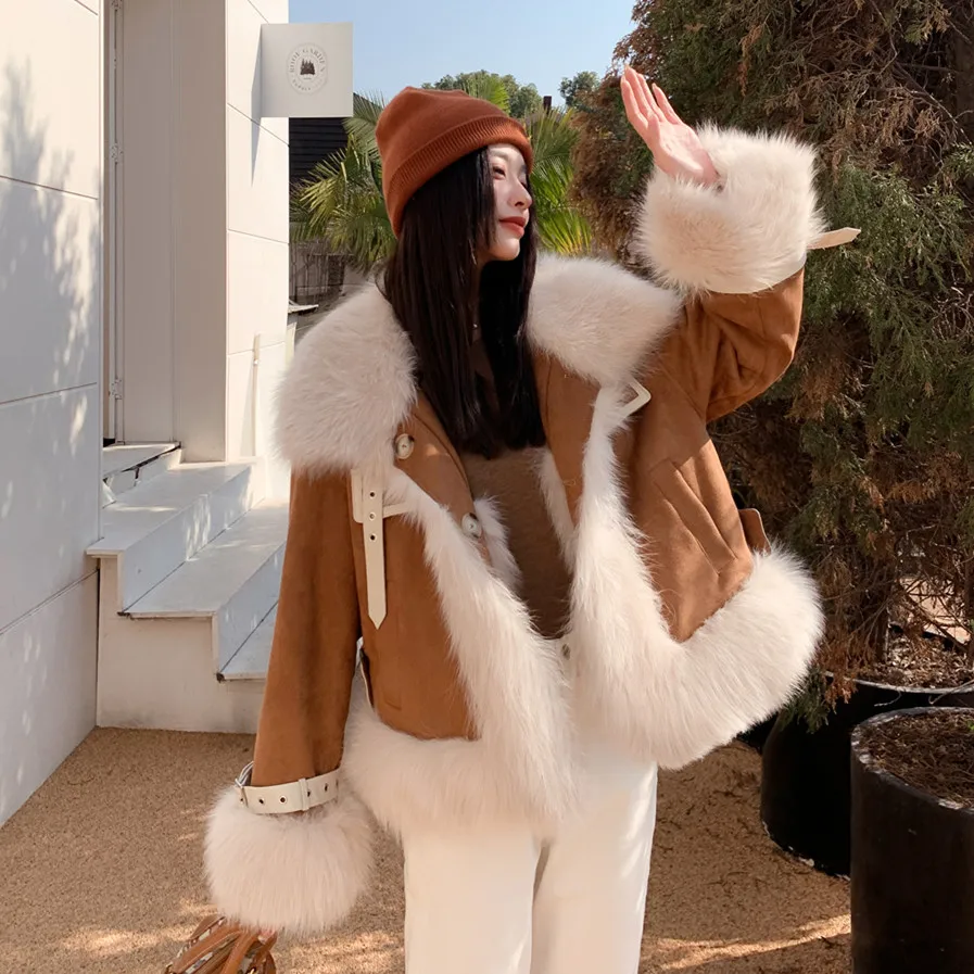 

Wearing Fox Fur Top Women's Clothing Full Leather Coat on Both Sides Young Jackets Winter Overcoming Suede with Fox Fur Collar