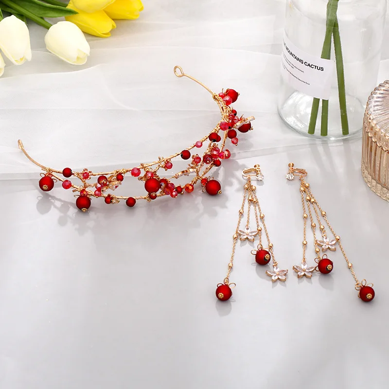 

Red Bridal Headband Handmade Toast Dress Headband Earrings Set Headwear TEN