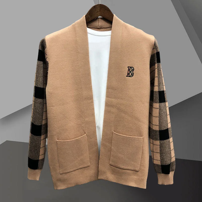 

Autumn Korean Sweater Coat Khaki Striped Contrast Patchwork Printing Cardigan Men Sweter Designer Knit Jacket