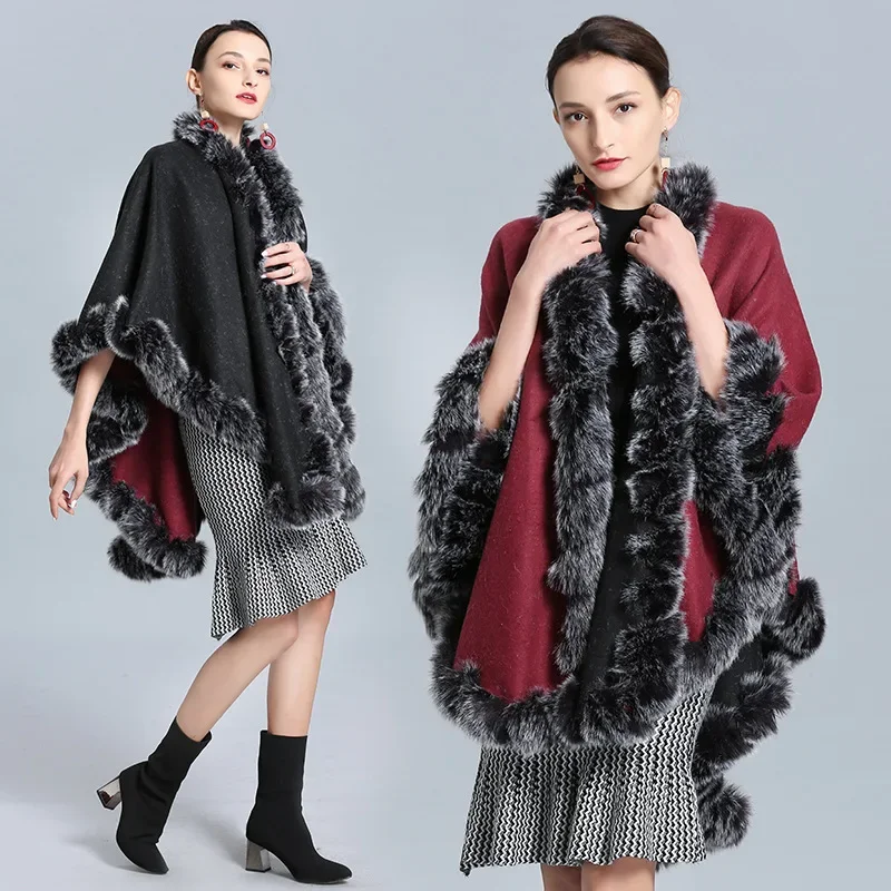 Зимнее теплое длинное пончо больших размеров черный серый с воротником из