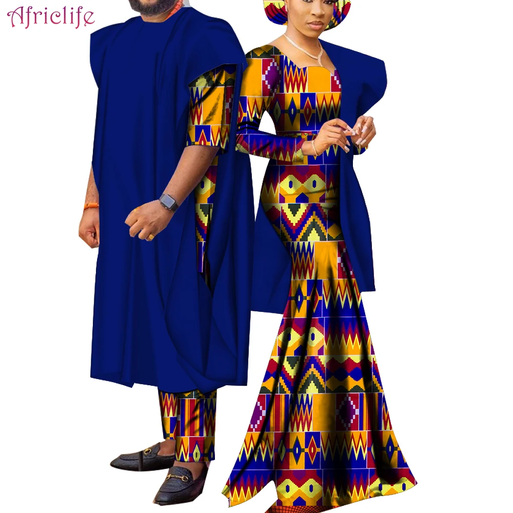 

Couples Matching African Clothes Wedding Men T-shirt Pant Suit with Robe and Lady Dress with Headscarf Gift Print Dresses WYQ863