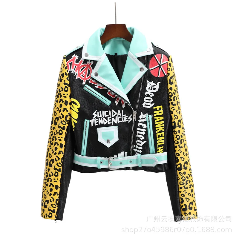 

Thailand Tide Brand Leopard Print Jacket Fashion PU Jacket Faux Leather Jacket Short Leather Female Y1292