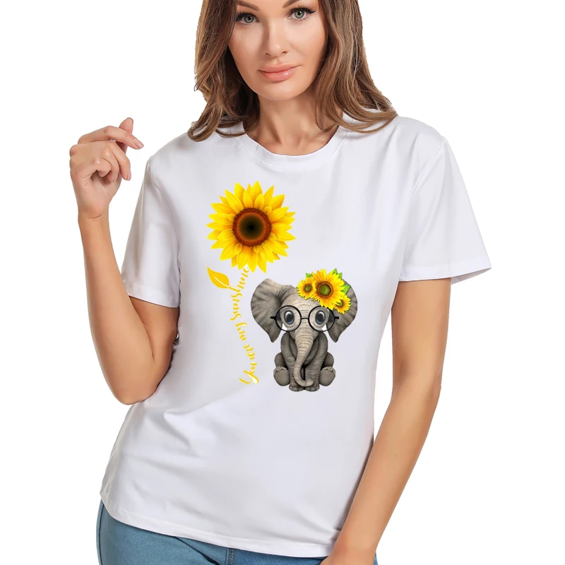 

2023 Elephant sunflower print tshirt women casual short sleeve o neck tee tops for female cartoon cute t-shirts femme clothings