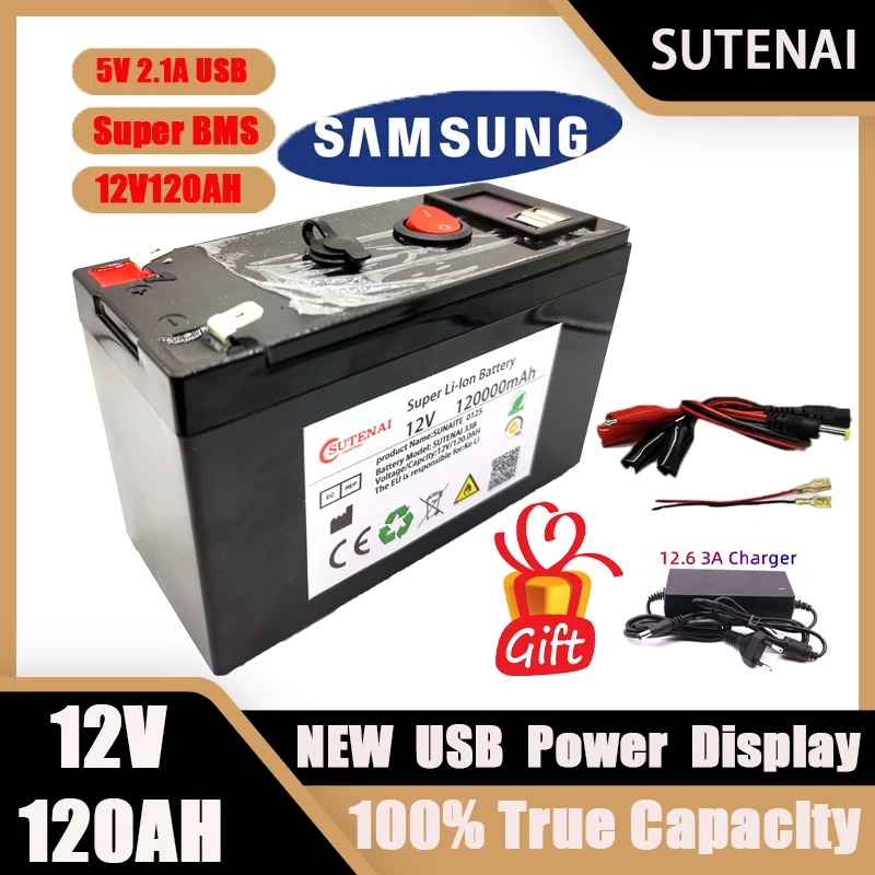 

New 12V 120000MAh Portable And Rechargeable 18650 Battery Built-In 5V 2.1A USB Power Display Charging Port With + 12.6V Charger