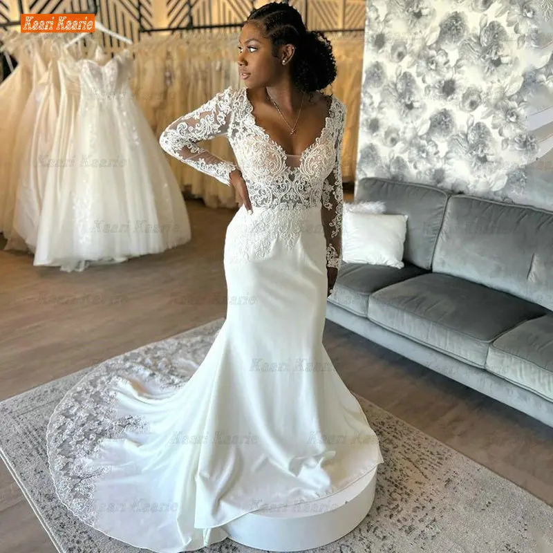 Купи Sexy V-Neck Long Sleeve Wedding Dress For Bride Lace Applique Mermaid Vestido De Noiva Charming Ball Gown Custom Made за 1,388 рублей в магазине AliExpress