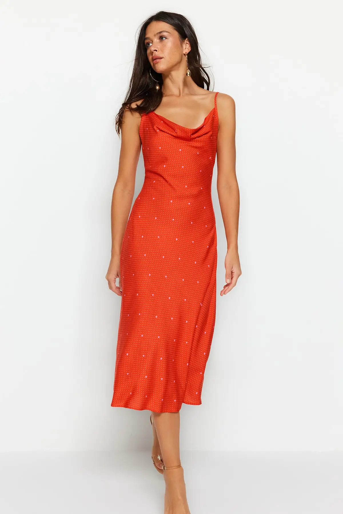 

Red Strap Dress TWOSS19EL0172 Woven Fitted Cool & Comfort Standard Arm Polka Dotted Degaje Collar Midi Printed