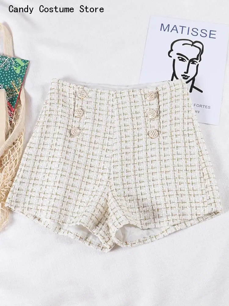 Female Fashion Black Shorts New Spring Autumn Double Breasted Shorts Women Tweed Shorts Retro High Waist