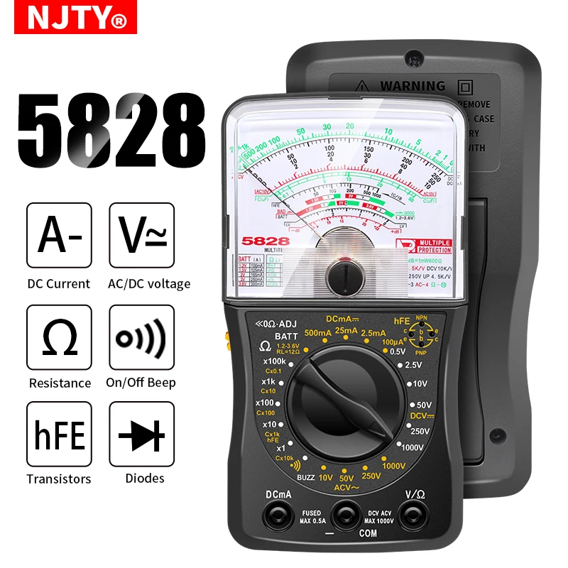 

NJTY 5828 Analog Multimeter Pointer Display 1000v Tester AC / DC Voltage Current Resistance Meter Needle Type Universal Meter