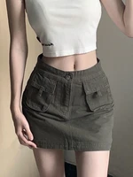 houzhou cargo mini skirt women korean style high waist pocket patchwork slim army green a line denim cargo skirt streetwear