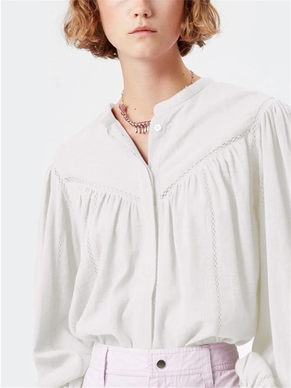 

Женская ажурная рубашка, однобортная Милая Элегантная блузка с кружевом и рукавами-фонариками, весна 2023