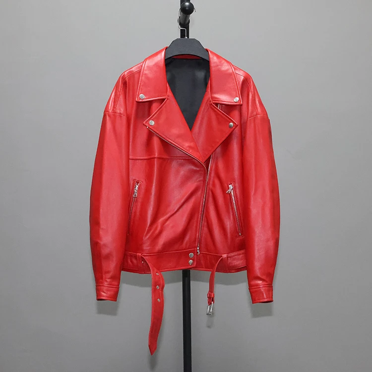 2022 Spring Autumn Woman's Genuine Sheepskin Leather Coat BF Loose Casual Jacket for Lady Female Red Black Plus Big Oversize