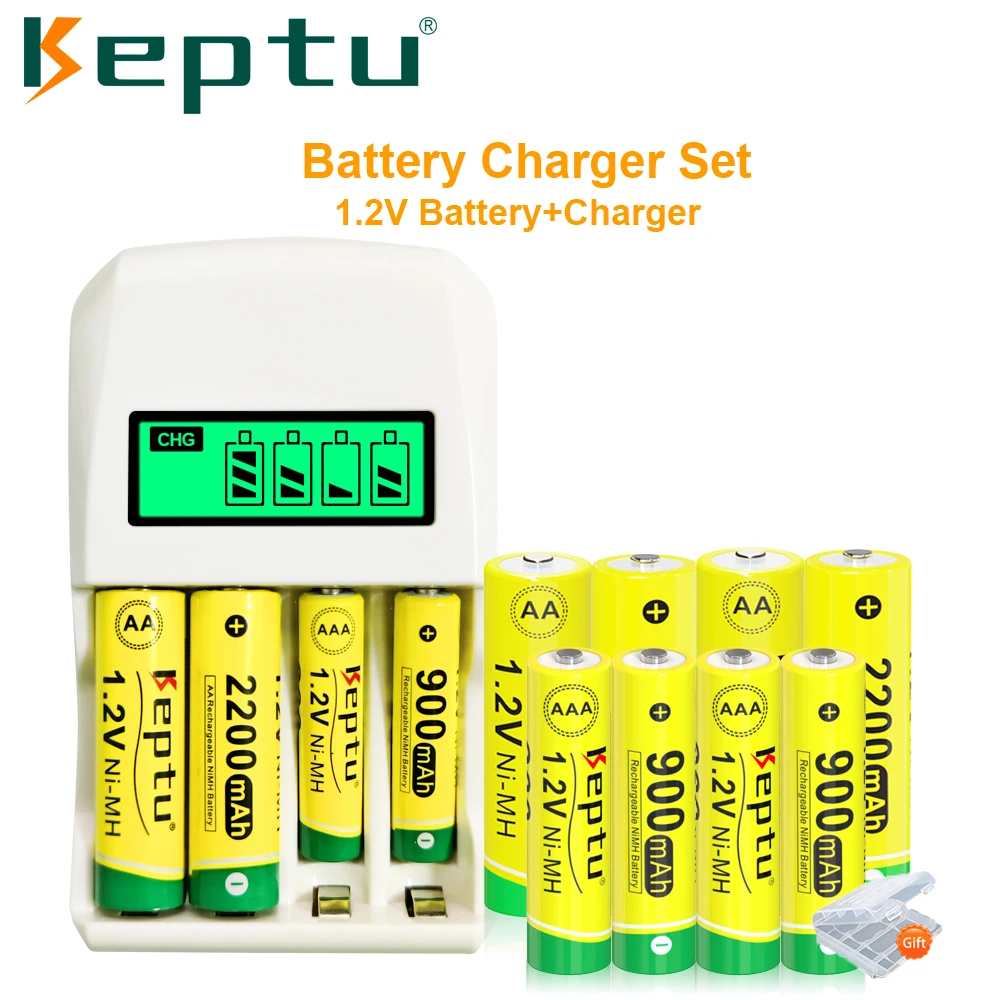 

KEPTU 1.2v AA+AAA battery nimh aa 2200mAh 3a aaa 900mAh and 4-Slot Smart Charger for 1.2V AA/AAA NiMH Rechargeable batteries