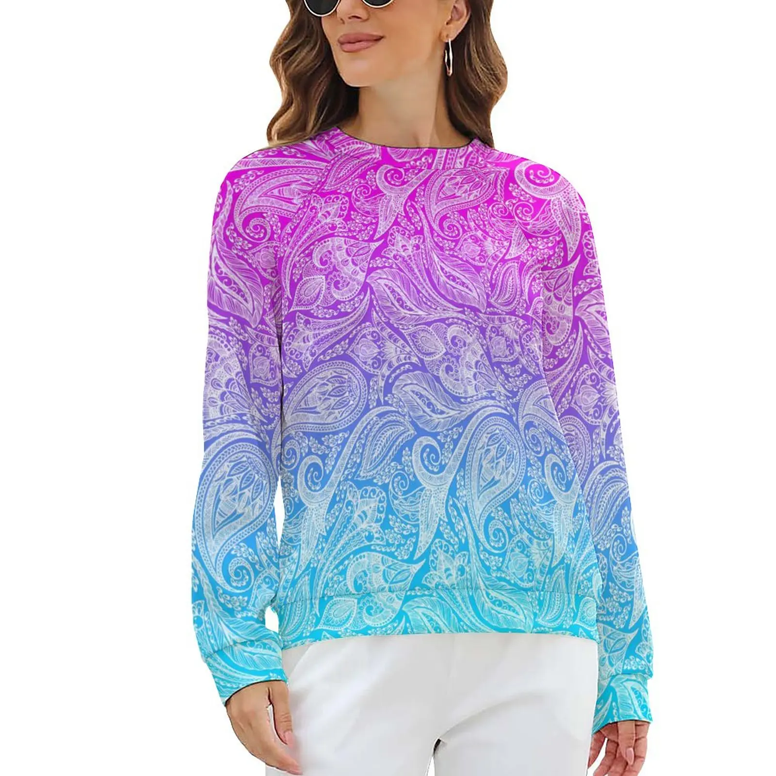 

White Floral Paisley Casual Hoodies Winter Ombre Print Kawaii Hoodie Long Sleeve Oversize Hip Hop Graphic Sweatshirts