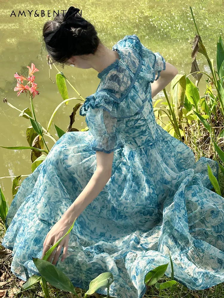 

Women's Spring and Summer New Long Dress High Waist French Style Puff Sleeve Dress Ladies Evening Streetwear Dress