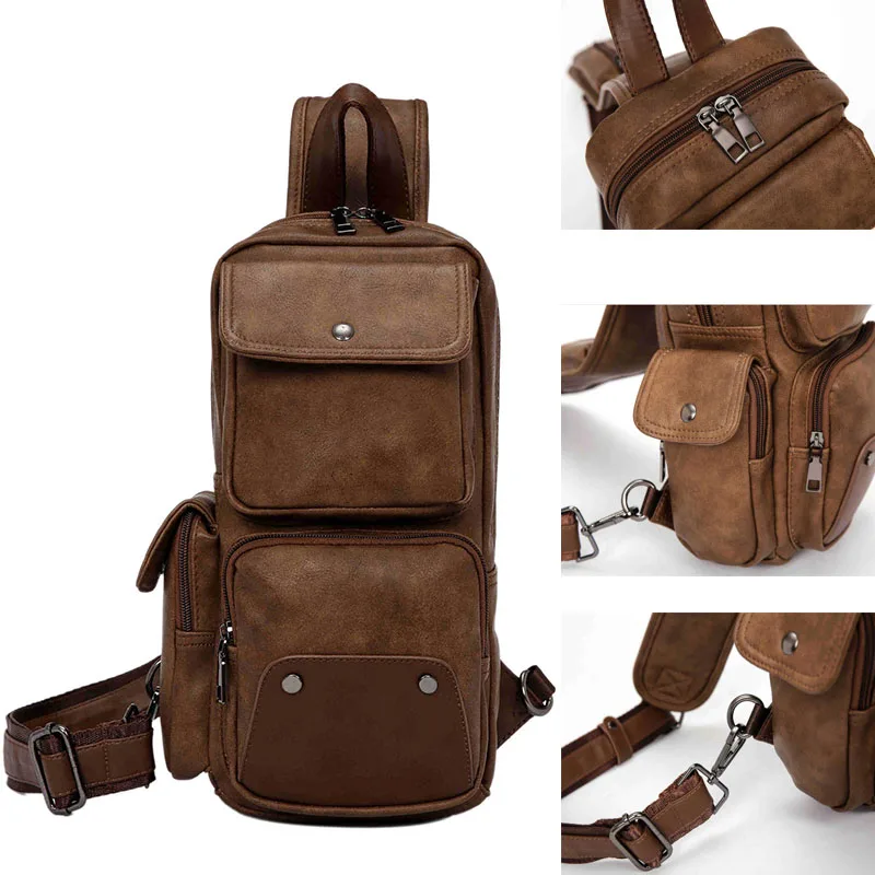 

SUUTOOP Men's PU Leather Shoulder Bag Multifunction Sling Chest Bag Crossbody Fashion Pack Messenger for Male Women Female
