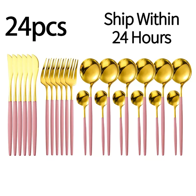 

24 Pcs Gift Box Powder Gold Stainless Steel Tableware Coffee Spoon Mirror Tableware Dishwasher Safe Silverware Cutlery Spoon Set