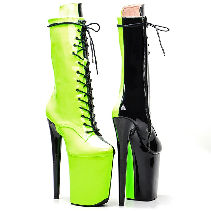Leecabe  23CM/9inches Patent upper black color with green color Pole dancing shoes High Heel platform Pole Dance booties