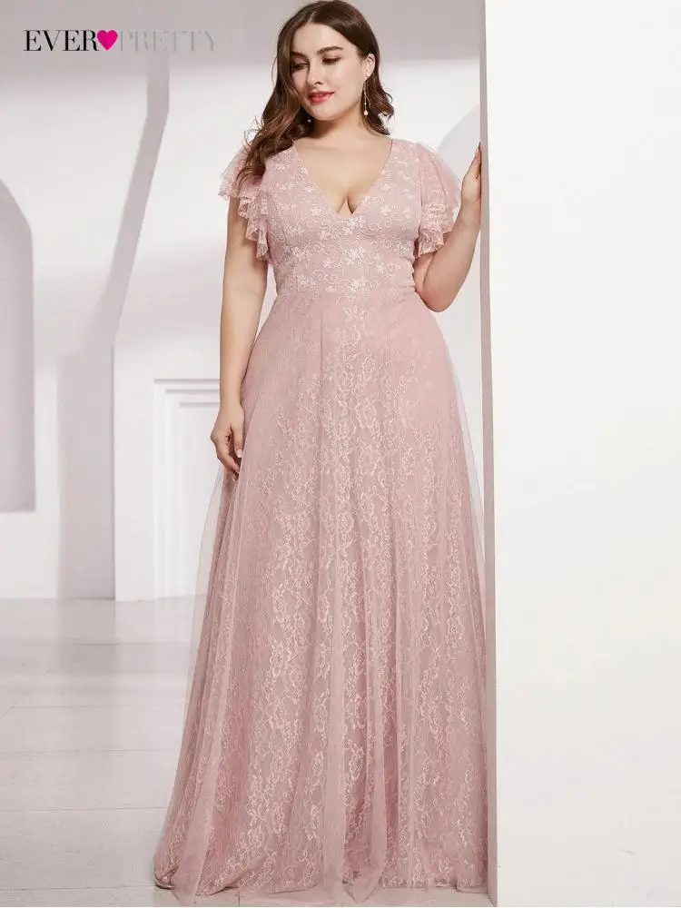 

Plus Size Elegant Women's Dresses Long A-LINE V-Neck Short Sleeve Floor-Length Gown 2022 Ever Pretty of Lace Prom Women Dress