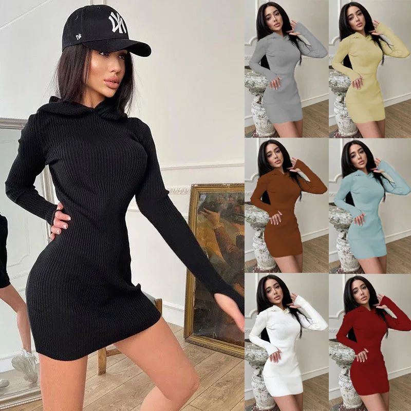 

Fashion Women's Autumn/Winter New Dress 2022 Knitted Women's Solid Color Hooded Collar Long Sleeves