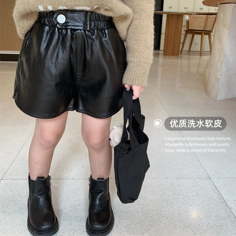 Ropa de otoño para niñas pequeñas, pantalones cortos de cuero PU negro, moda Coreana de 3 a 8 años, 2020