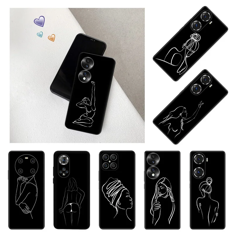 

Силиконовые черные чехлы для телефонов Honor 80, 70, 60, 50, 30i, 20, X9a, X8, X7, X6, X5, Magic 5, 4, с цветами, сексуальной девушкой, линия искусства, Huawei Mate 20, 10