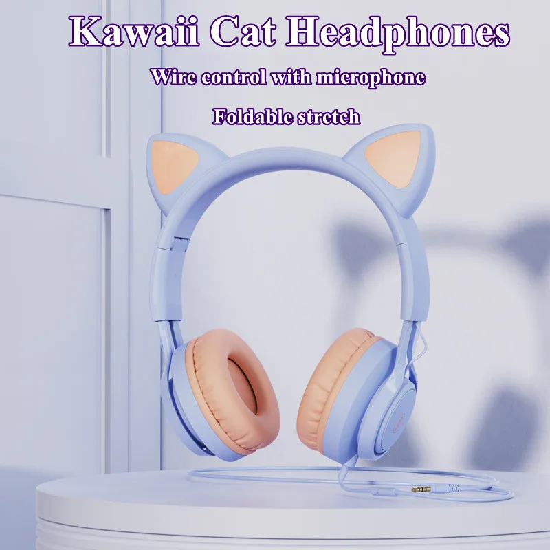 EP08 Kawaii Cat Ear Headset Kids Wired Headphone With Microphone 3.5mm Music Stereo Earphone Computer Mobile Phone Accessories